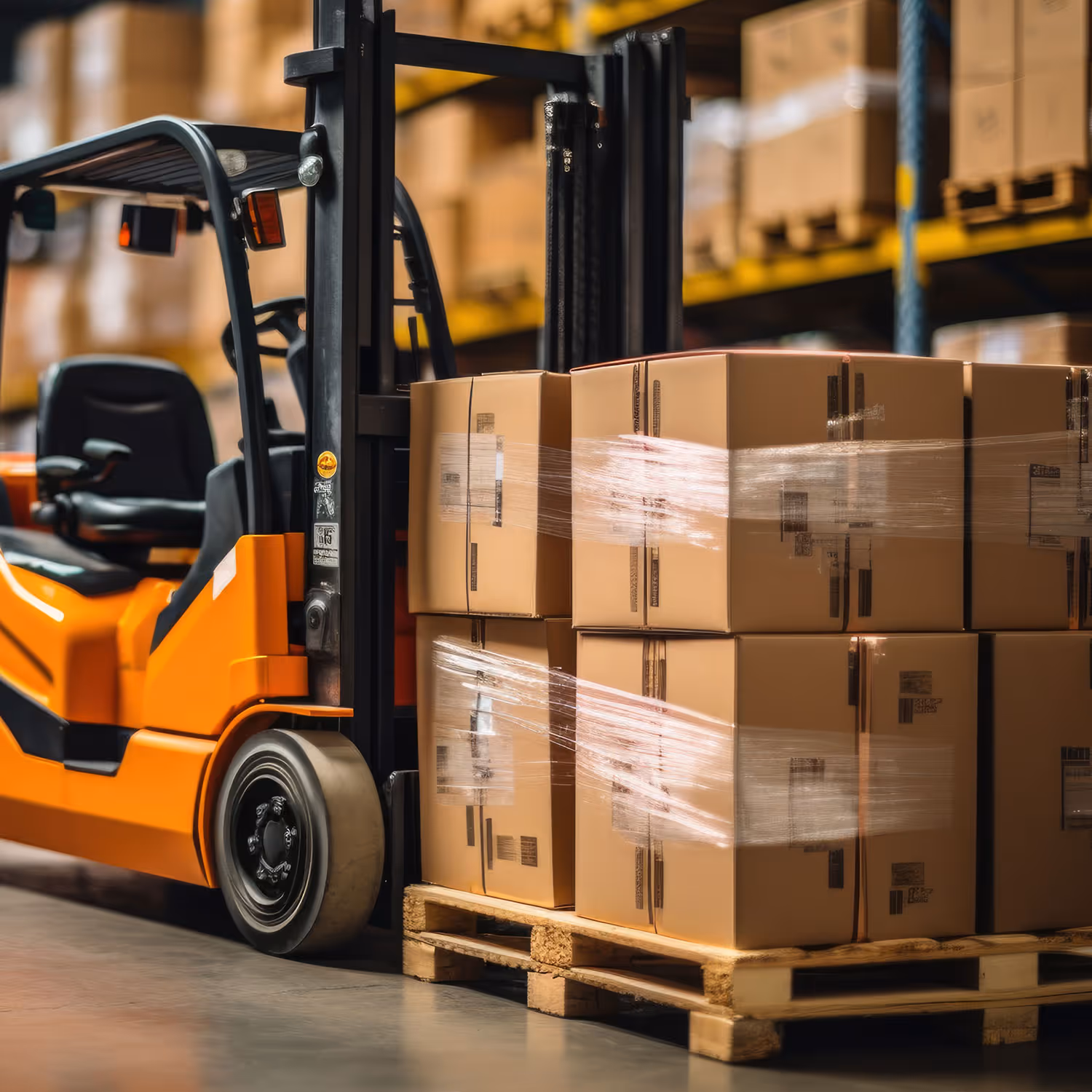 Orange forklift carrying a pallet stacked with wrapped cardboard boxes in a warehouse.