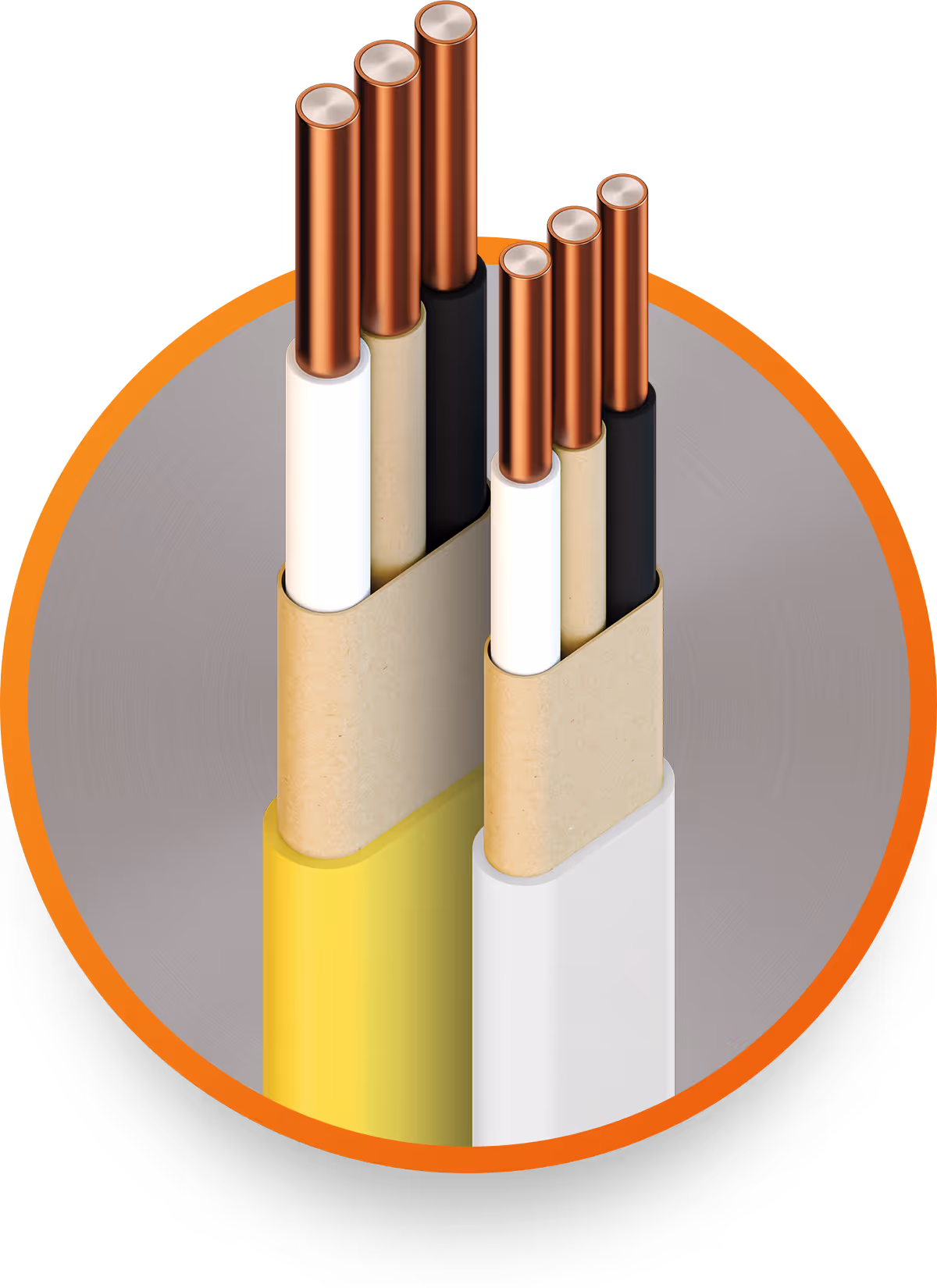 Cross-section of two bimetallic electrical wires with copper cores inside layered insulation.