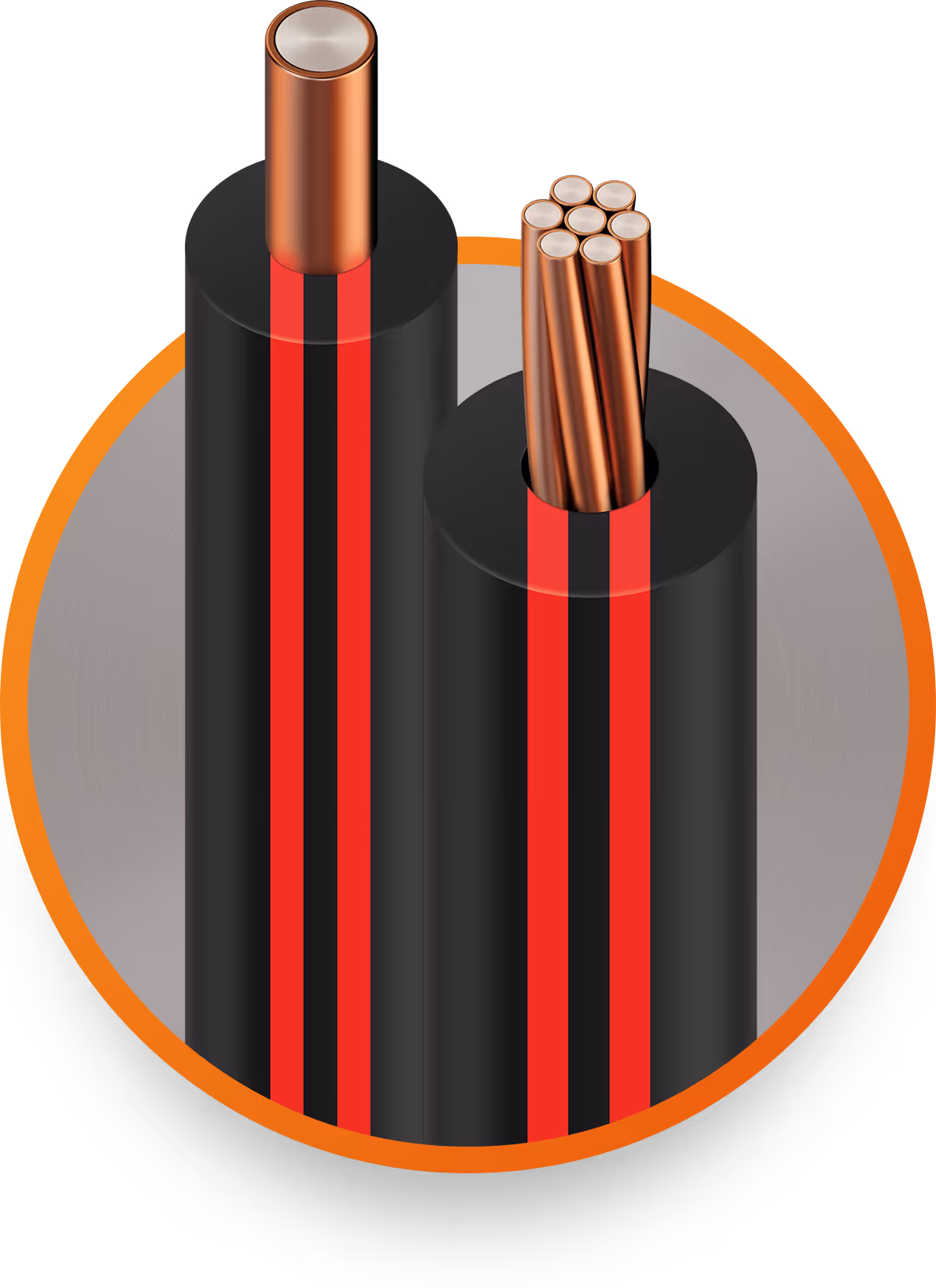 Close-up of two black electrical cables with red stripes showing copper wire strands inside.