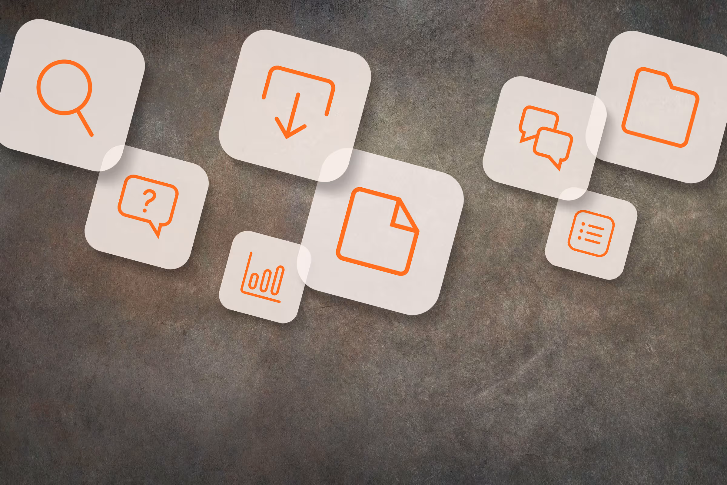 Floating white squares with orange icons including magnifying glass, download arrow, folder, chat bubbles, and bar chart.
