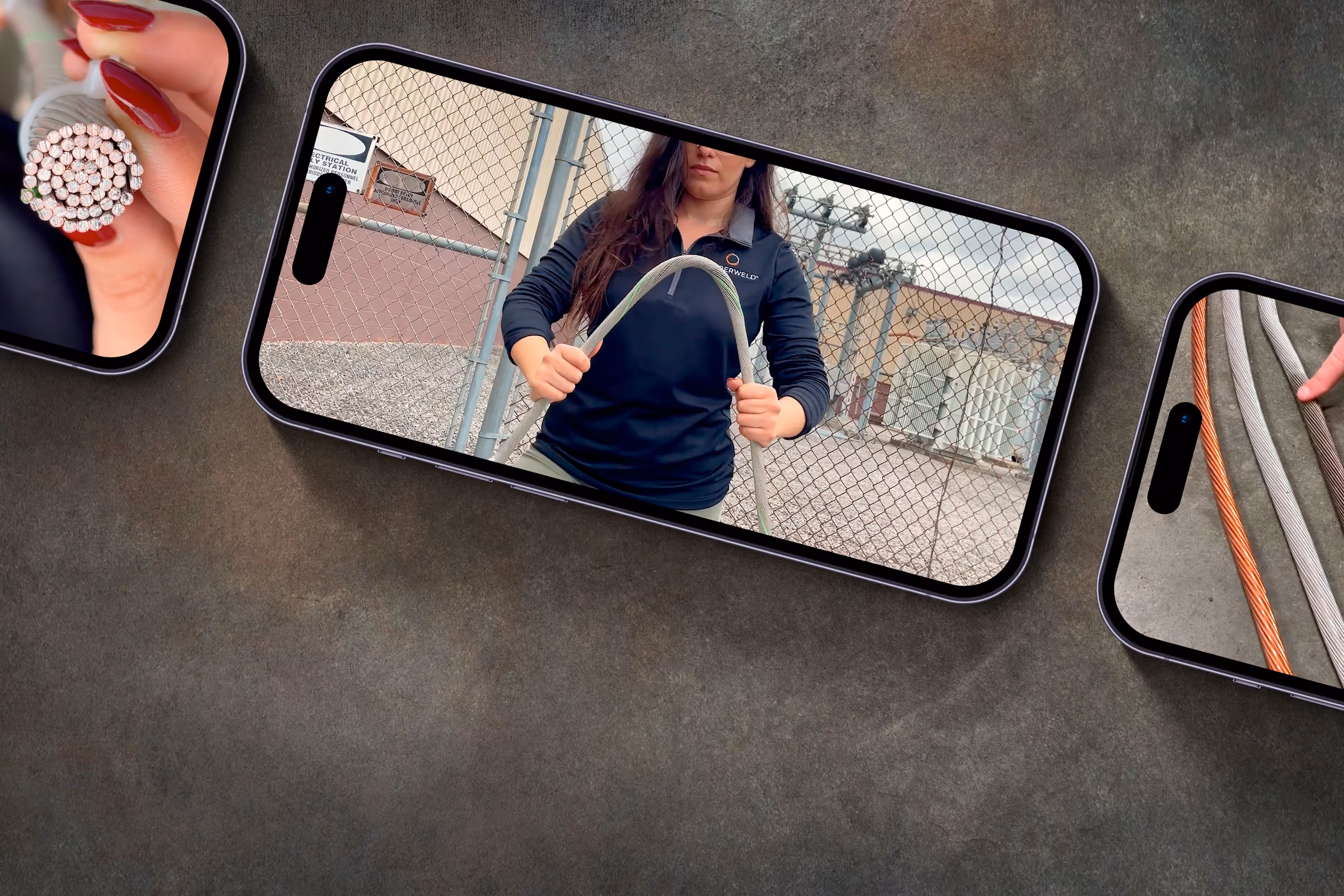 Woman holding a large bent cable, shown on a smartphone screen against industrial backdrop.