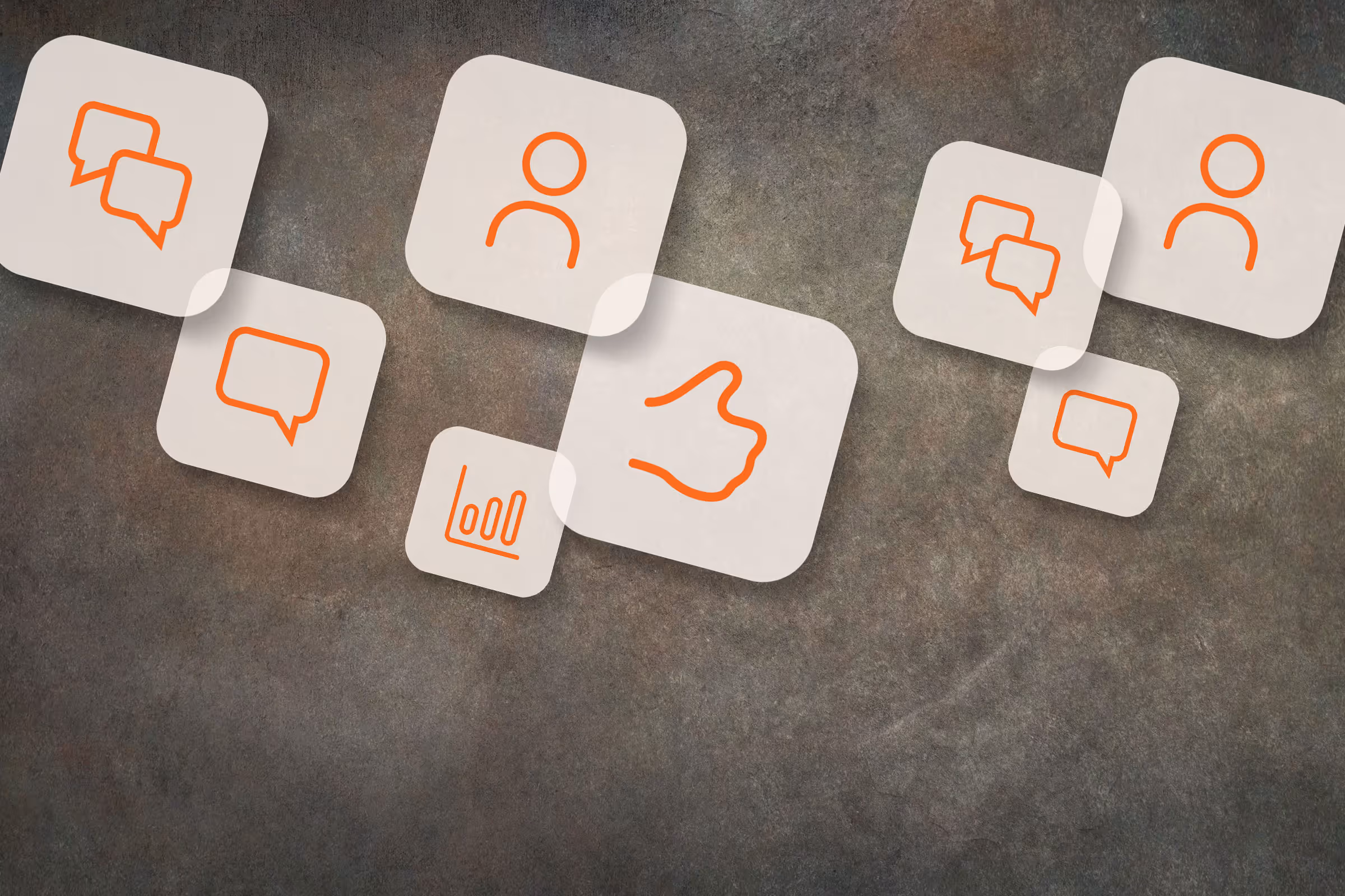 Floating icons on textured background showing chat bubbles, user profiles, thumbs up, and bar chart.