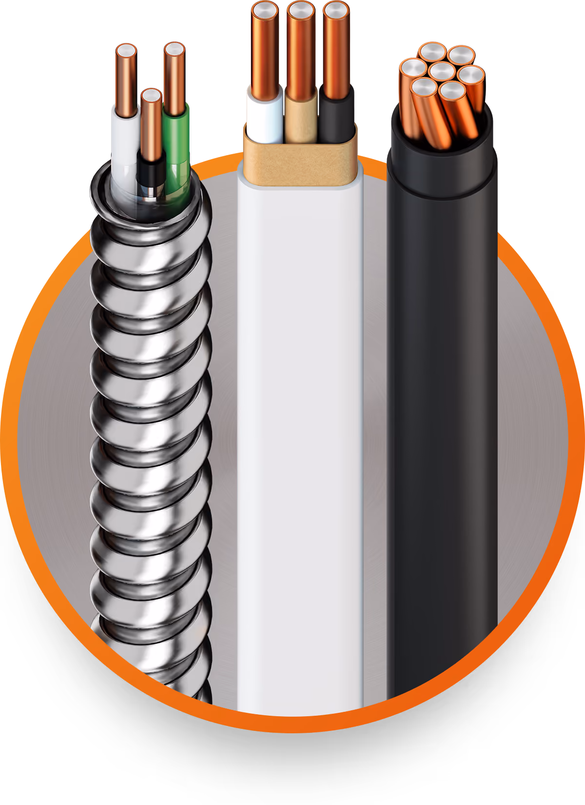 Close-up of three different types of electrical wires with copper conductors in a circular frame.