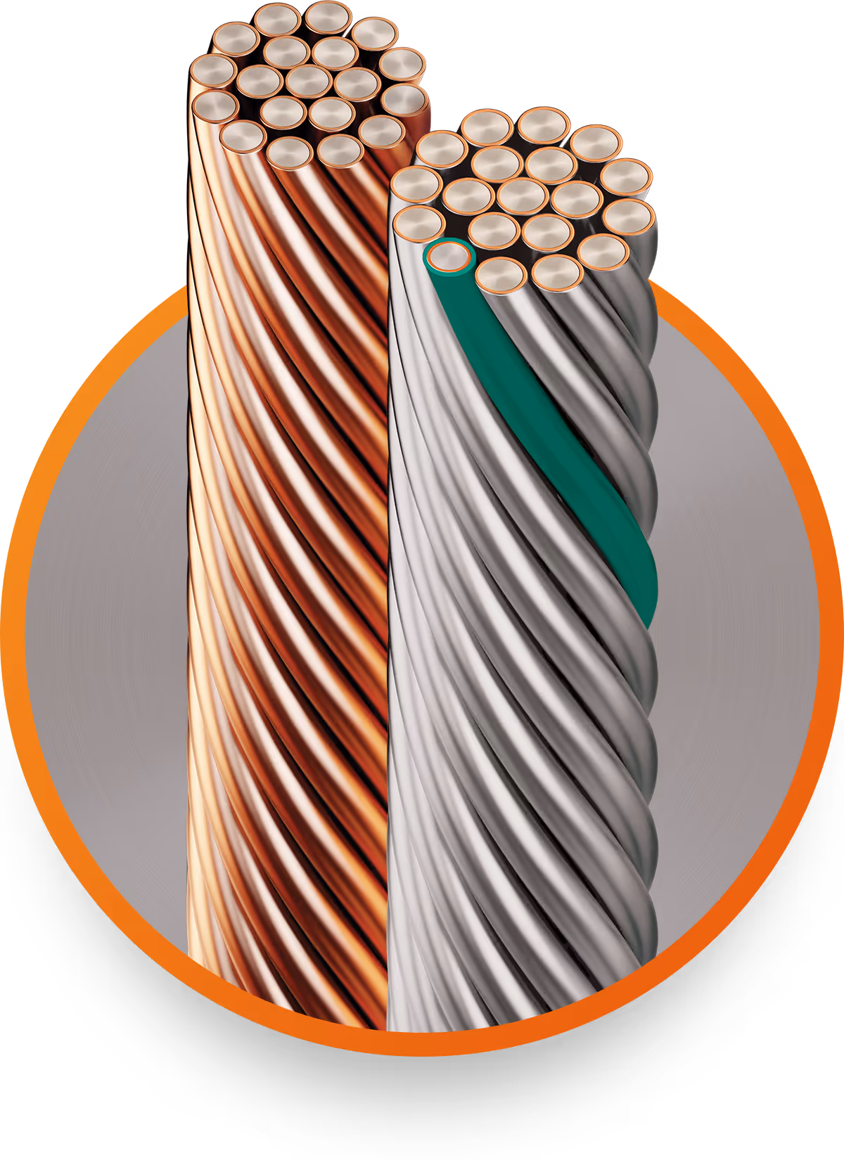 Close-up of twisted copper wire strands next to twisted silver-colored strands with a green filler wire.