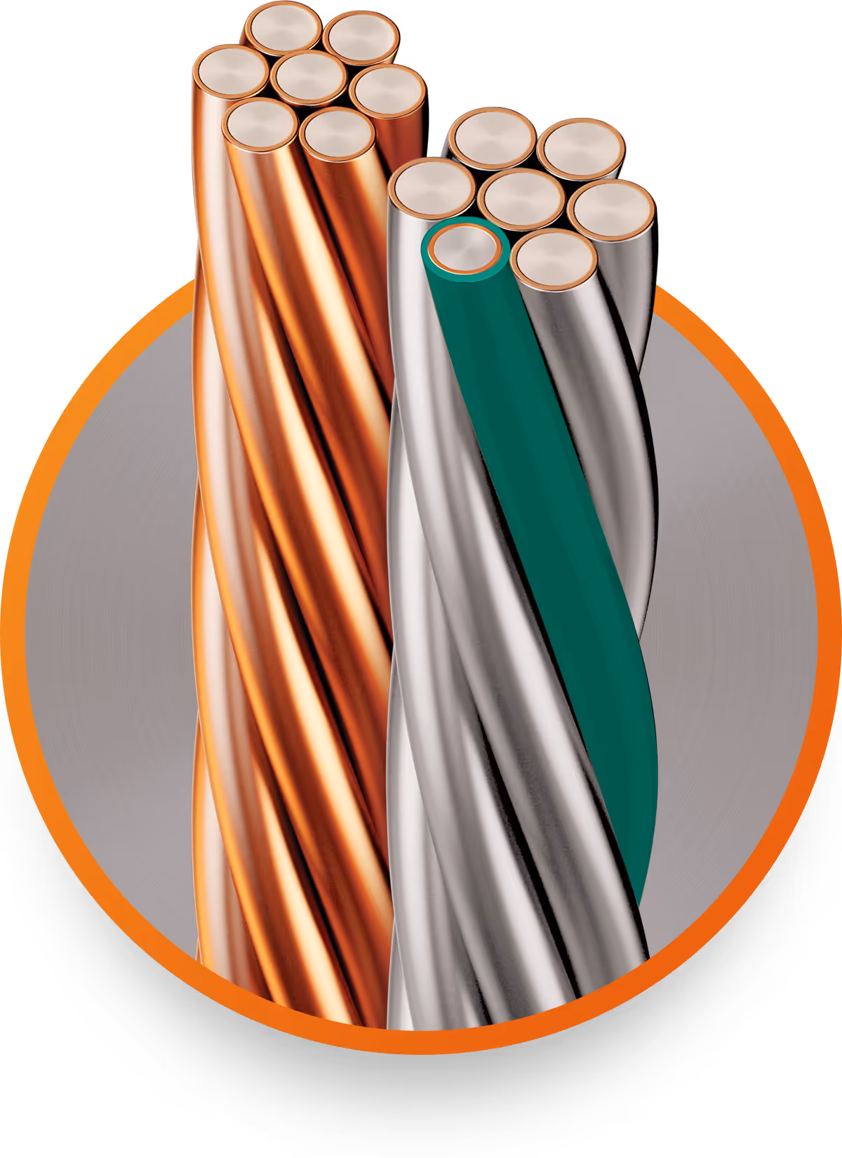 Close-up of twisted copper and bimetallic wire strands with green insulating layer on one strand.