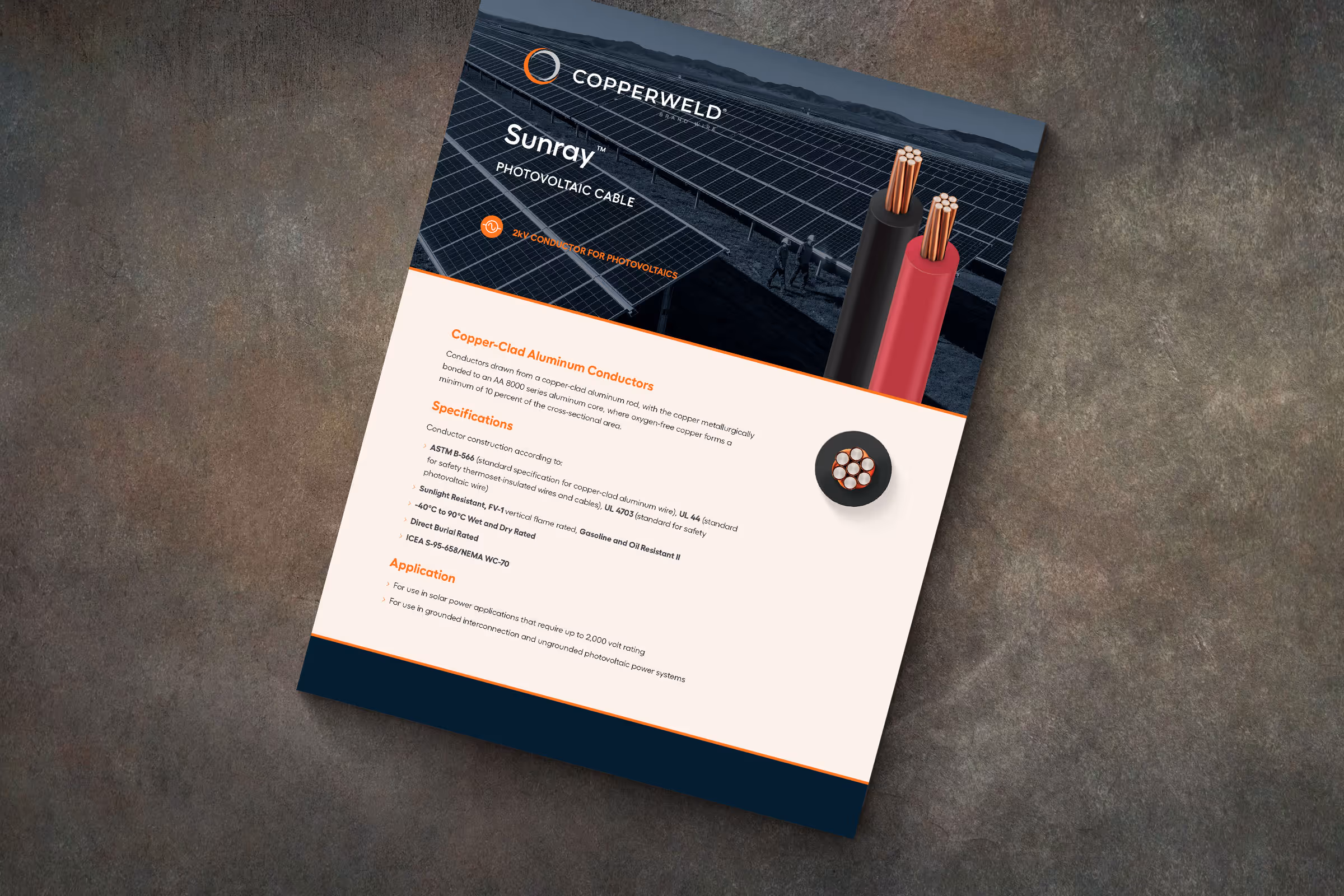 Copperweld Sunray photovoltaic cable brochure showing copper-clad aluminum conductors and specifications.