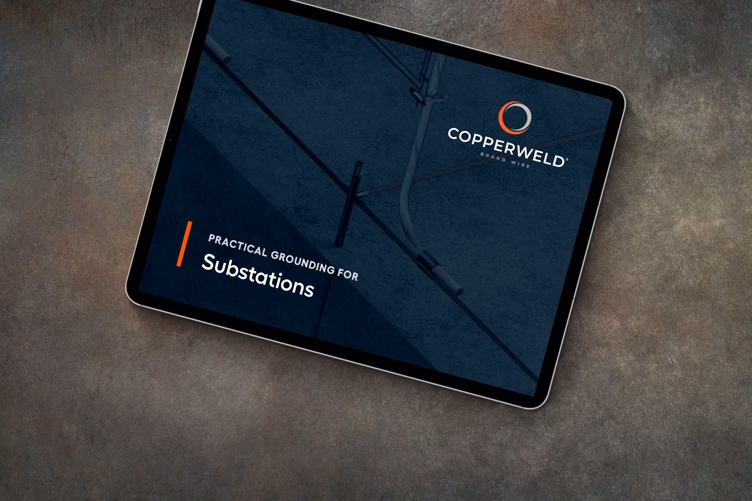 Tablet screen showing Copperweld wire brand and a guide titled Practical Grounding for Substations.