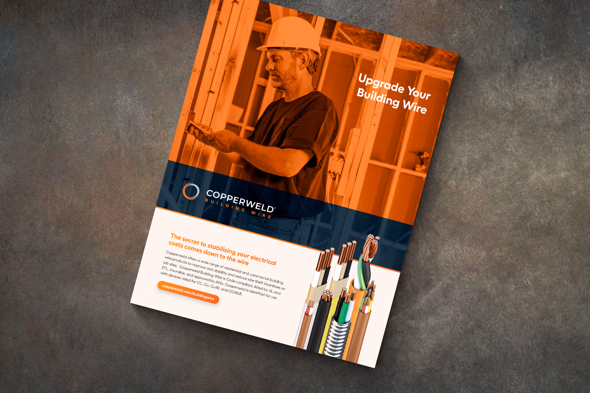 Brochure showing a construction worker with wires and text about upgrading building wire by Copperweld.