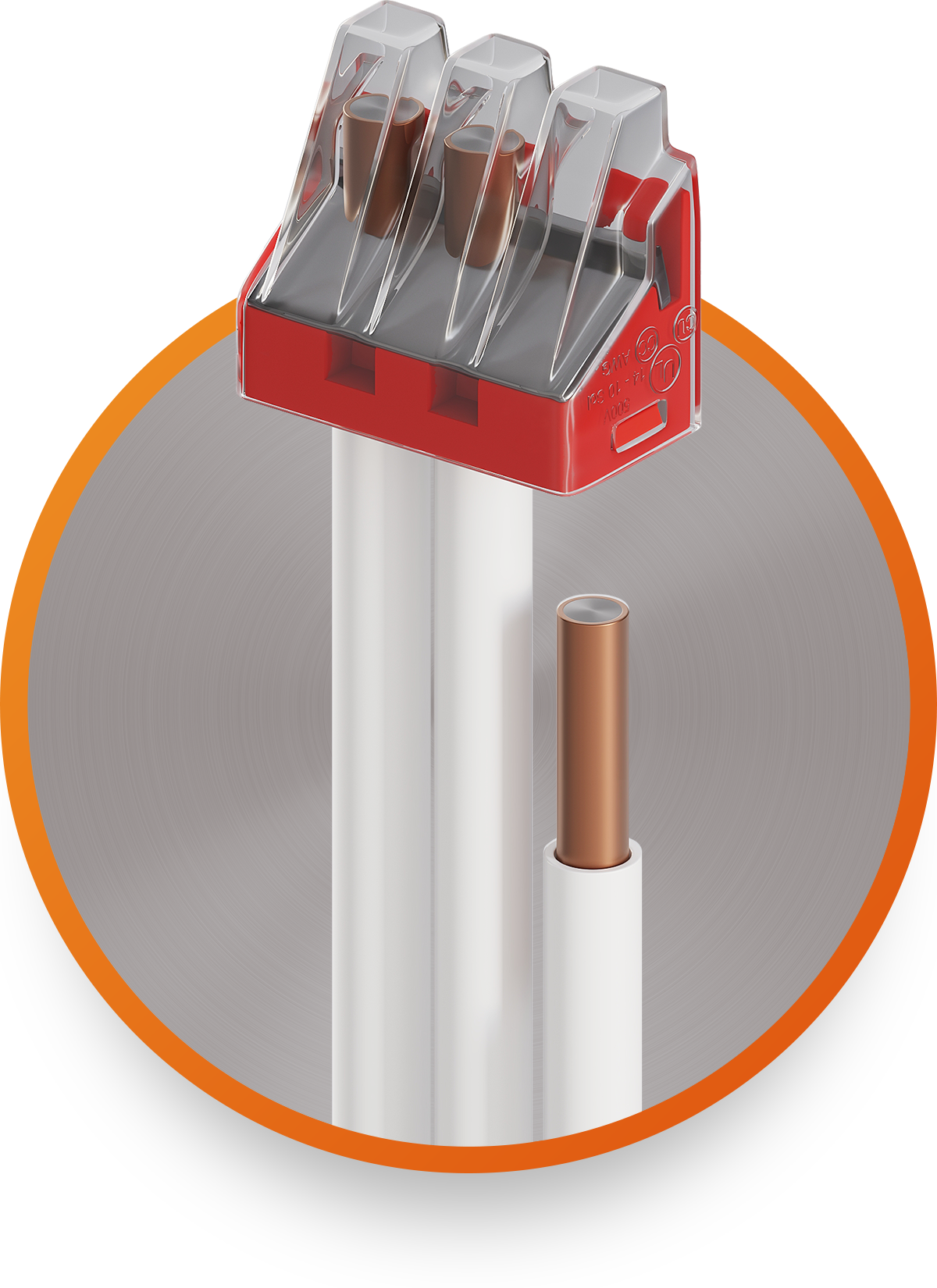 Close-up of a push-in splice connector attached to wire ends with clear top and orange base.