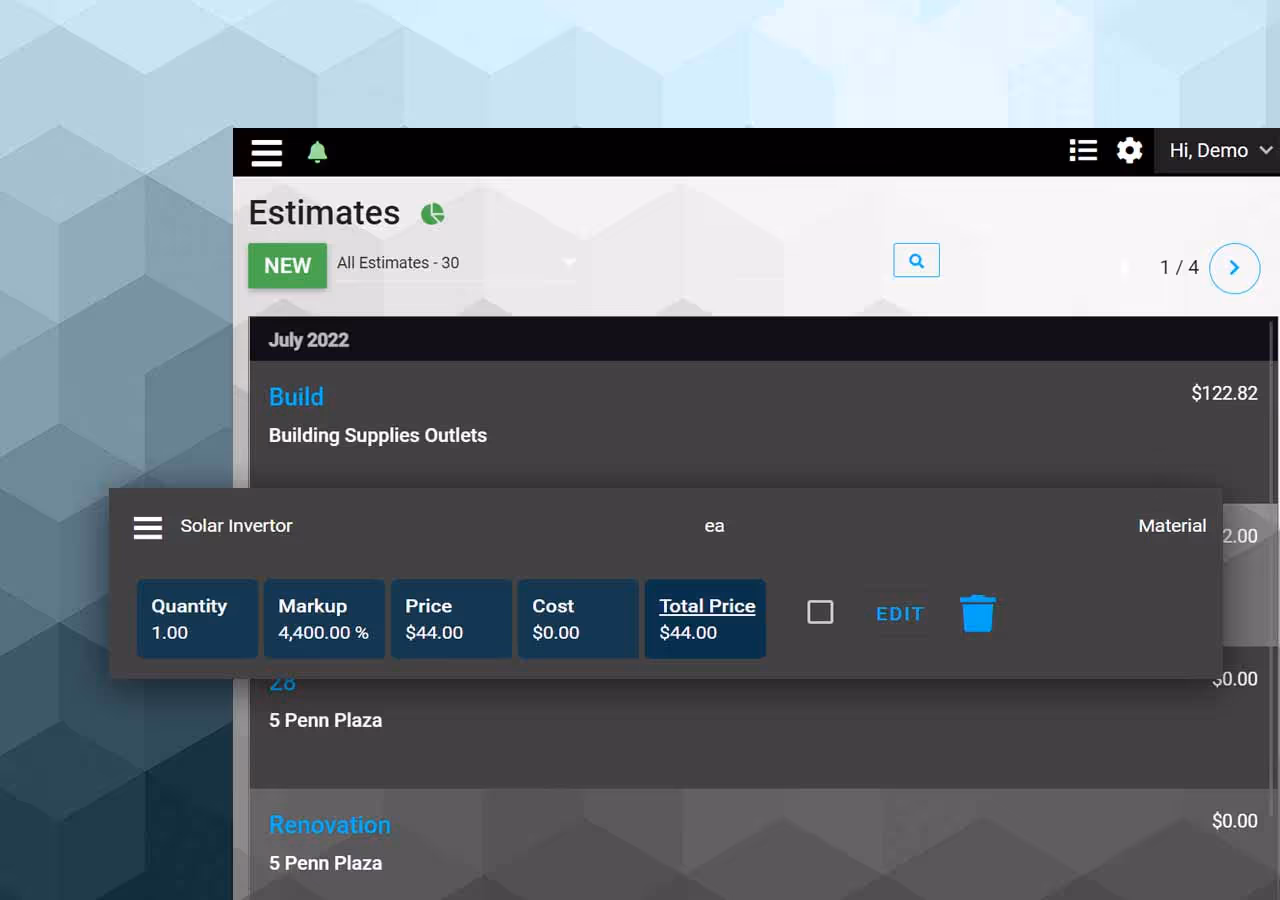 A pricing screen