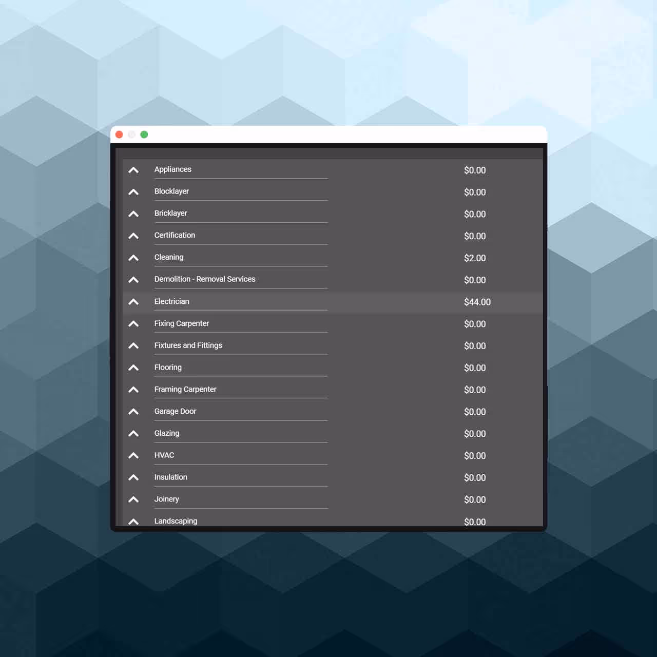 Screen showing categories