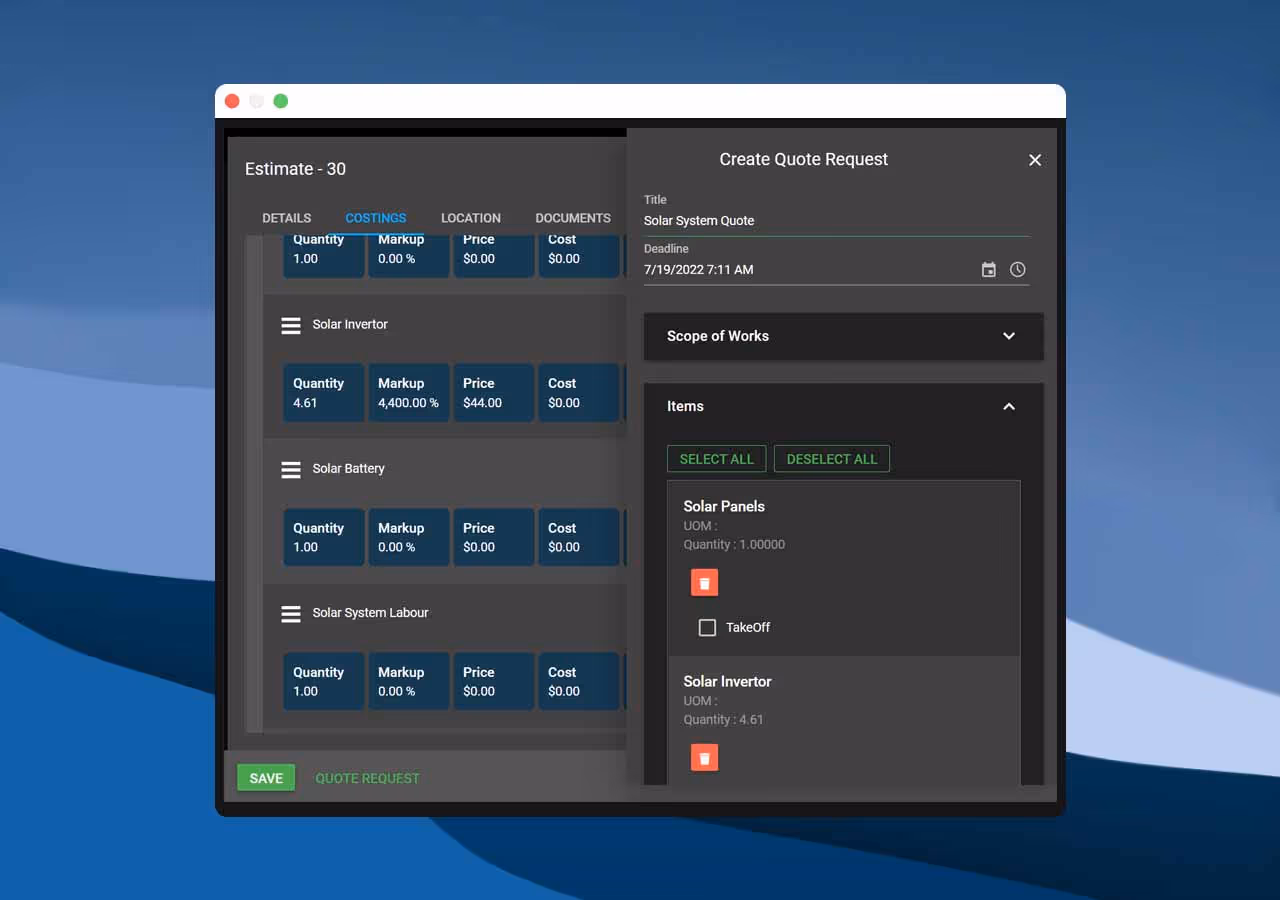 Screen showing quote requests