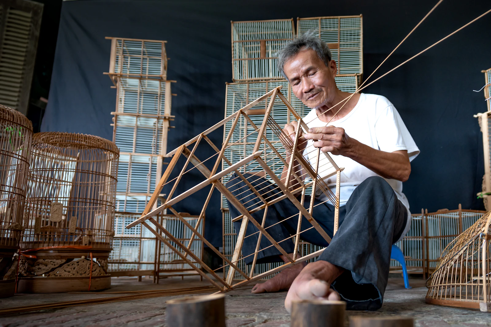 man and basket in construction work