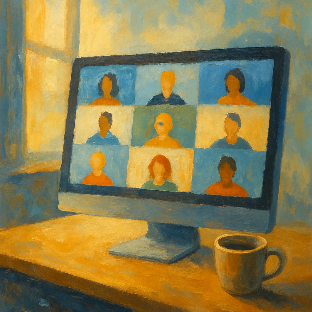 an oil painting style picture of a computer monitor, beside a cup of coffee on a wooden desk, a window on the background. The monitor is showing mozaique of 3x3 portrait attendees to a video call. This picture is representative of group sessions that reality decoding offers.