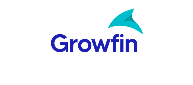 Logo of the word 'Growfin' with a stylized teal sail or wing above the letters.