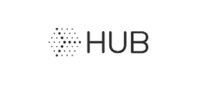 HUB logo with a circular dotted design to the left of the text.