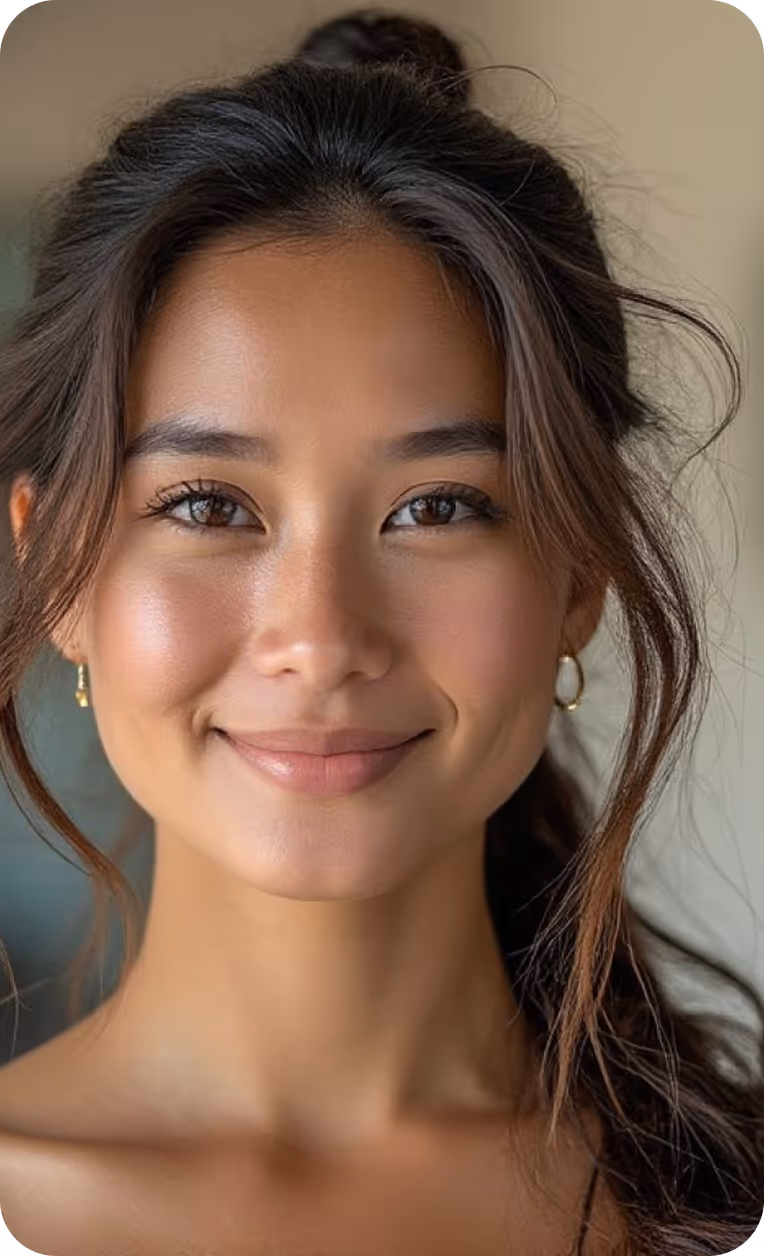 Close-up portrait of a smiling woman with dark hair tied back, wearing pearl earrings.