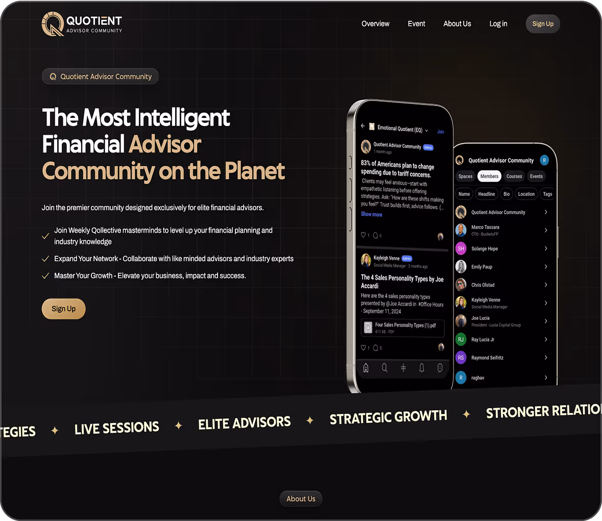 Quotient Advisor Community homepage featuring a sign-up prompt, benefits for financial advisors, and mobile app screenshots.