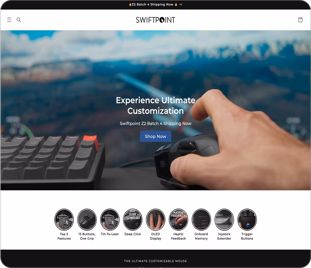 Website homepage featuring a hand on a customizable gaming mouse next to a mechanical keyboard with 'Experience Ultimate Customization' text and icons of mouse features.