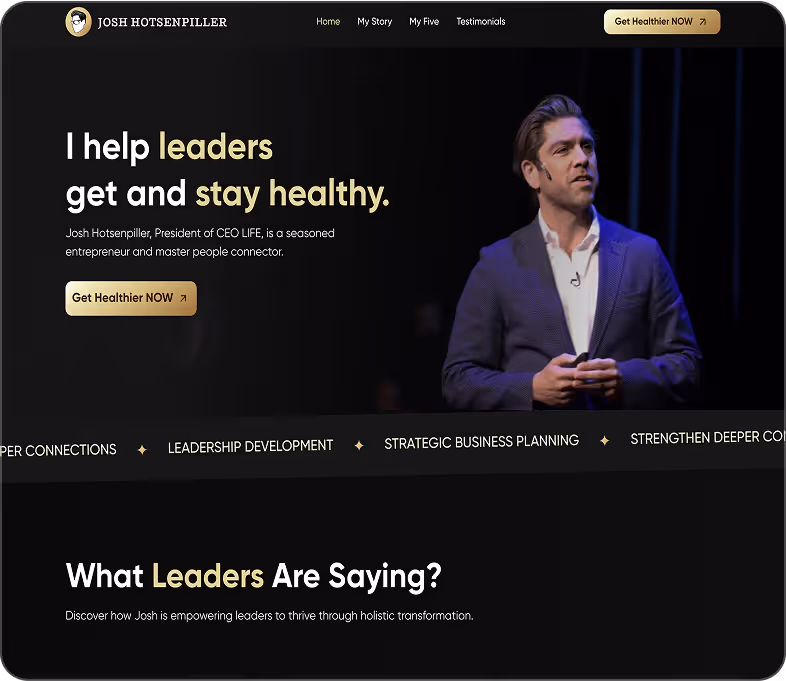 Website header with Josh Hotsenpiller promoting leadership health coaching, featuring a photo of Josh speaking on stage in a suit.