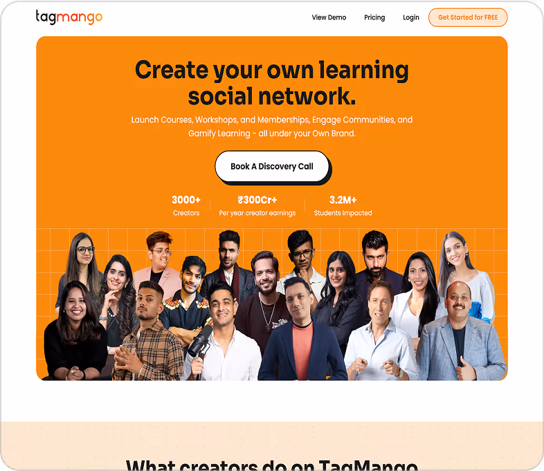 TagMango web page with orange banner inviting users to create their own learning social network, featuring 14 diverse creators and statistics on creators, earnings, and students impacted.