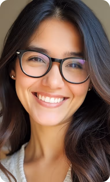 Smiling young woman with long dark hair wearing black-rimmed glasses.