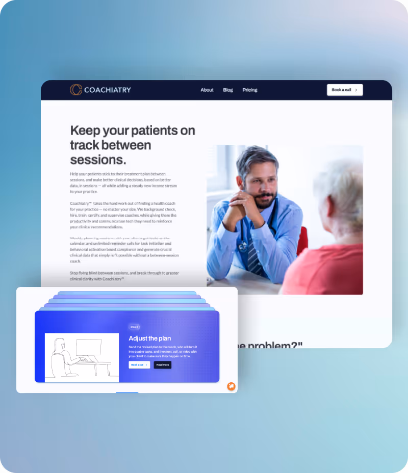Website page showing a male doctor in a blue shirt consulting an elderly woman, with text about keeping patients on track between sessions and a smaller overlay explaining adjusting the plan.