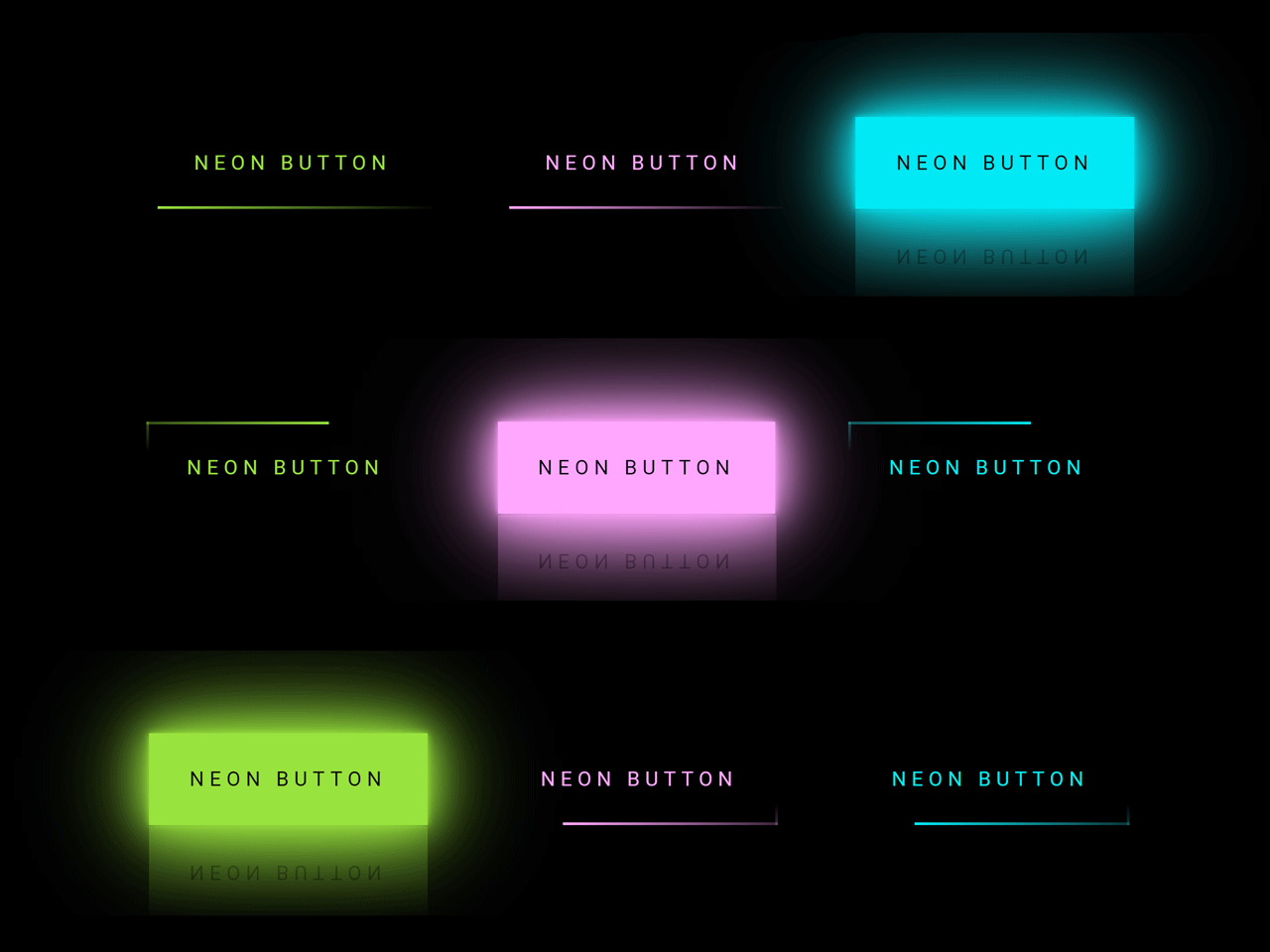 Examples of glowing neon buttons in green, pink, and blue showcasing glow effects in web design UI