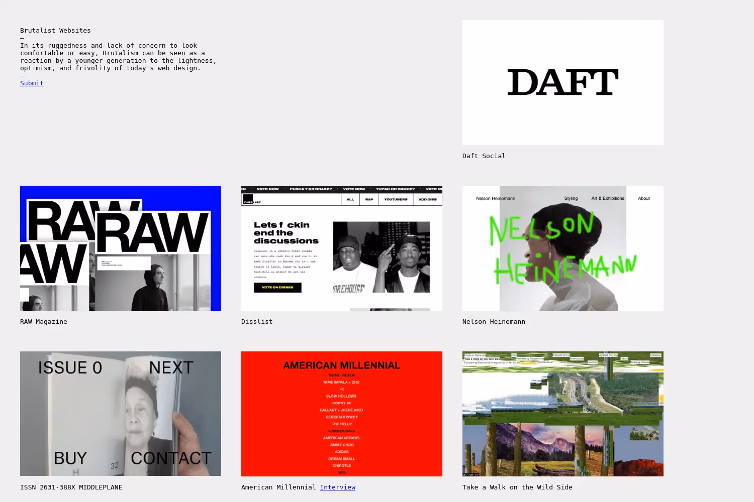 Examples of brutalist web design showcasing bold typography, minimalism, and raw aesthetics