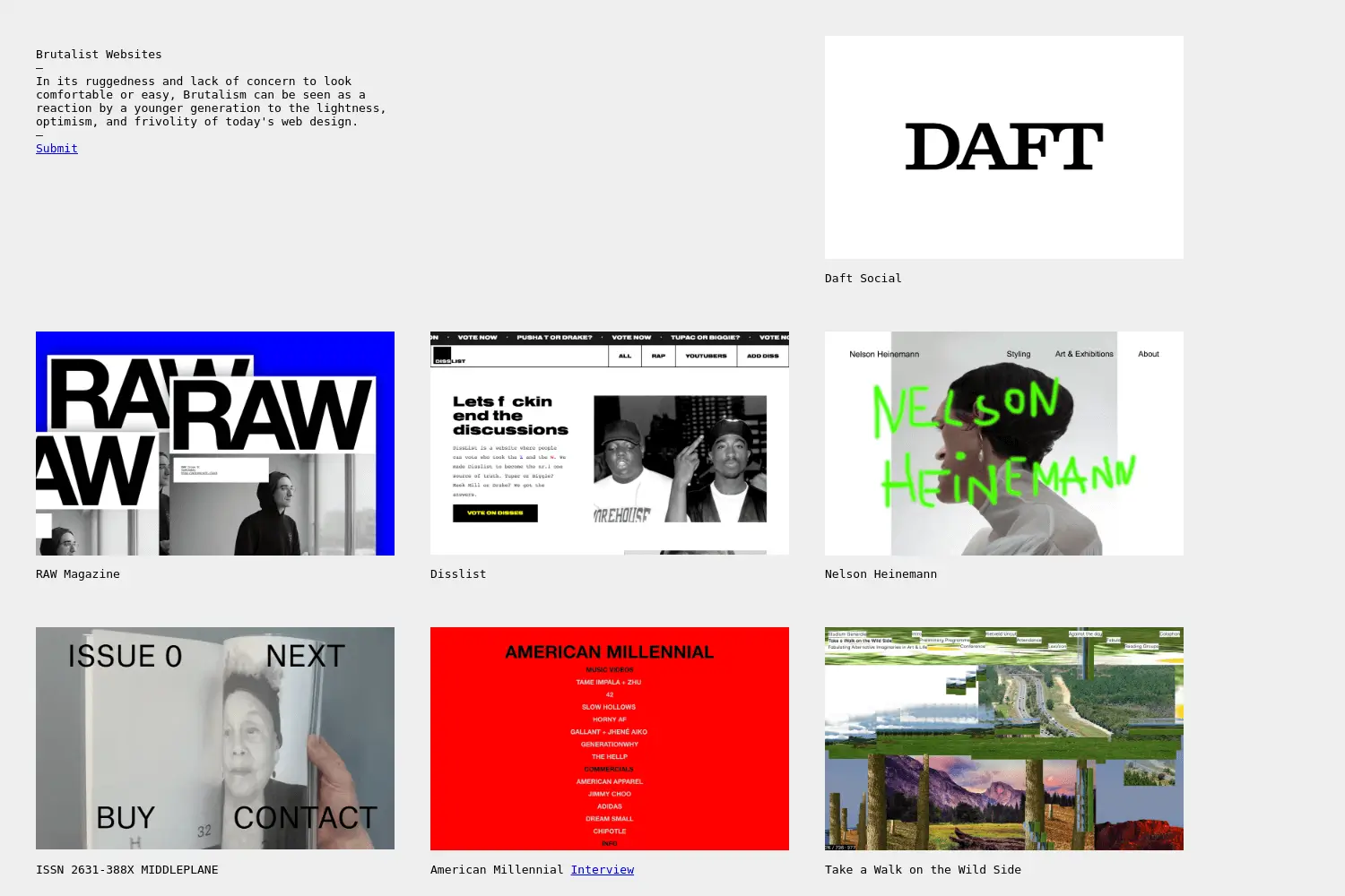 Examples of brutalist web design showcasing bold typography, minimalism, and raw aesthetics