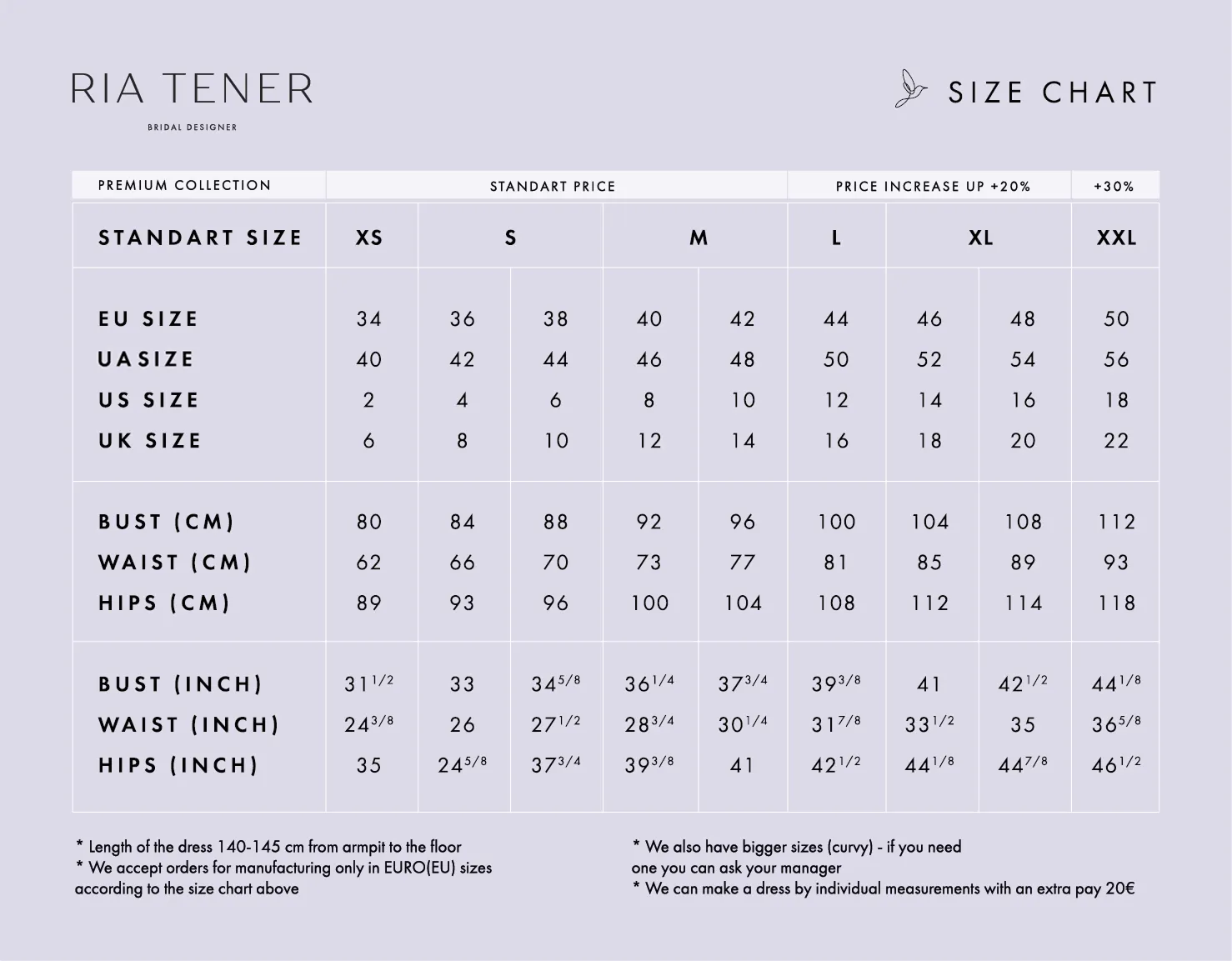 aria dresses size chart