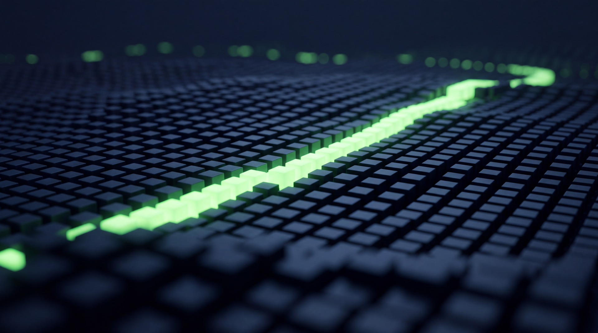 Abstract 3D field of dark navy data cubes with a lime-green path of glowing nodes, representing applied AI running in production on your data.