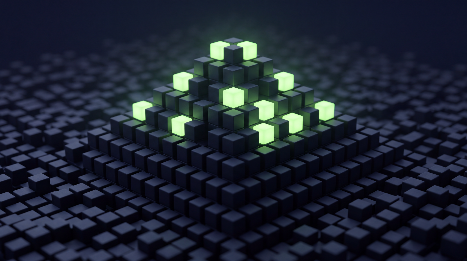 Dark navy cubes rising into a pyramid, with a dozen lime-green cubes glowing at the top, representing AI running on a stable platform.