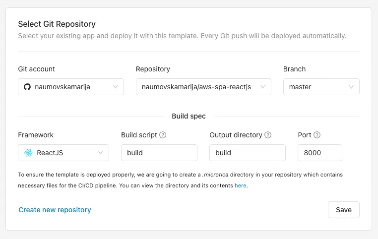 Select Git Repository Microtica