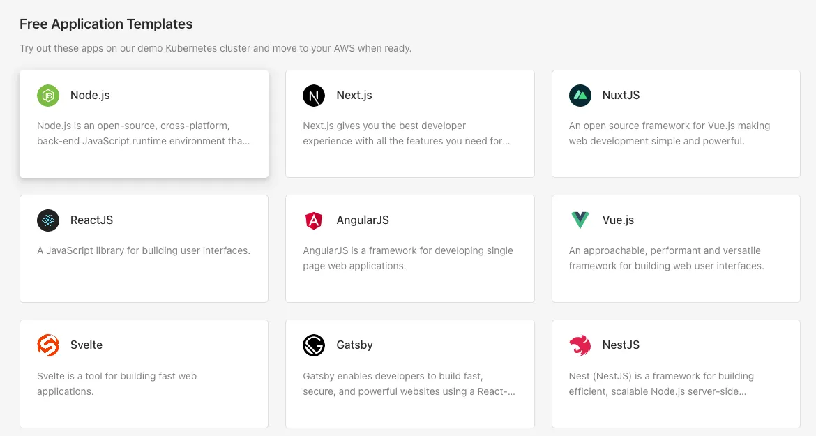 Select the Node.js Template in Microtica