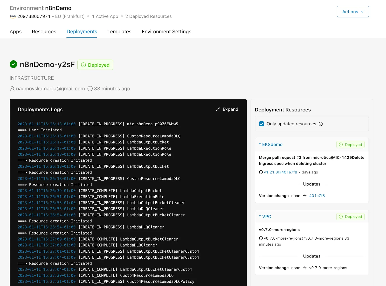 Deployment logs screen