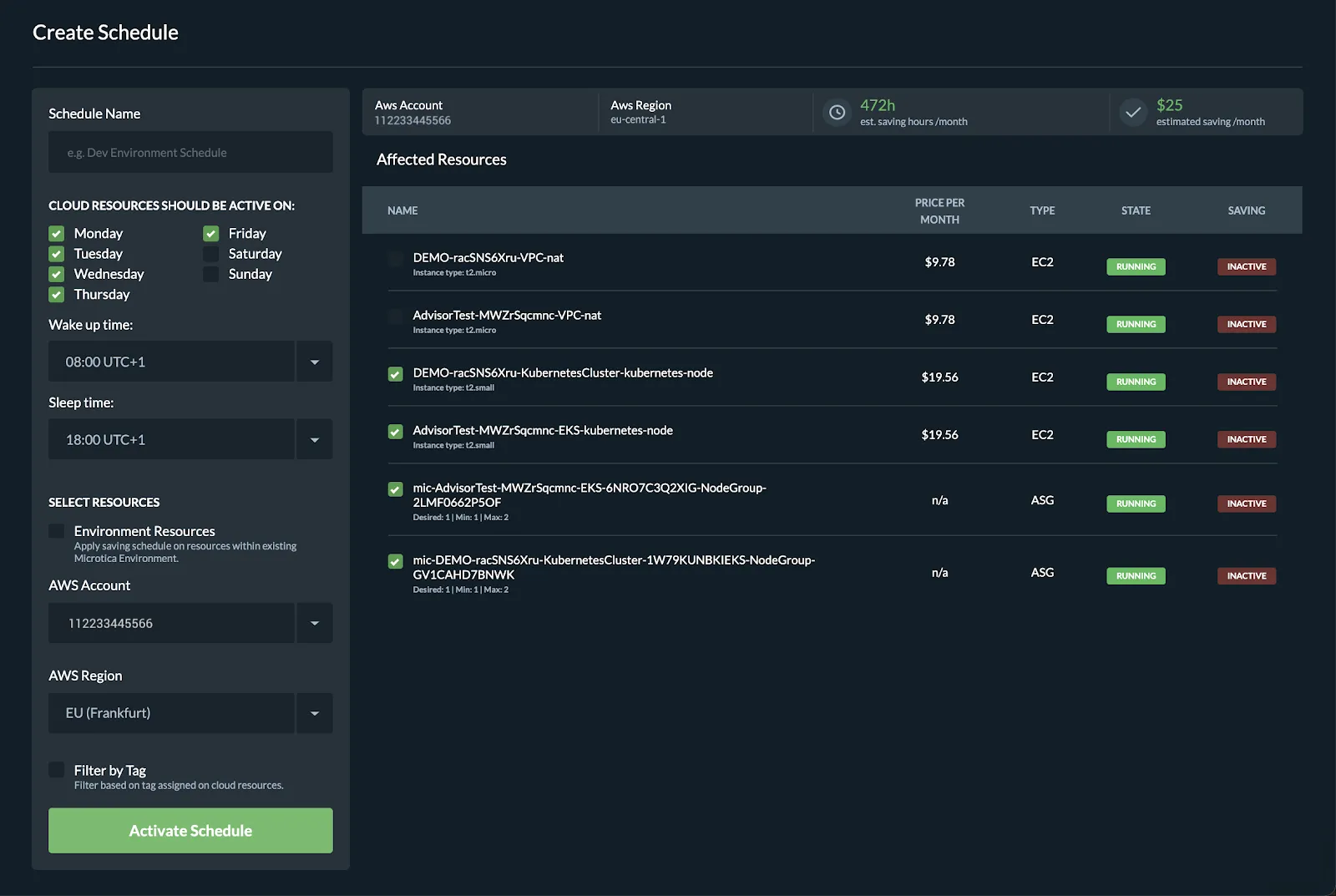 Create a saving schedule in Microtica