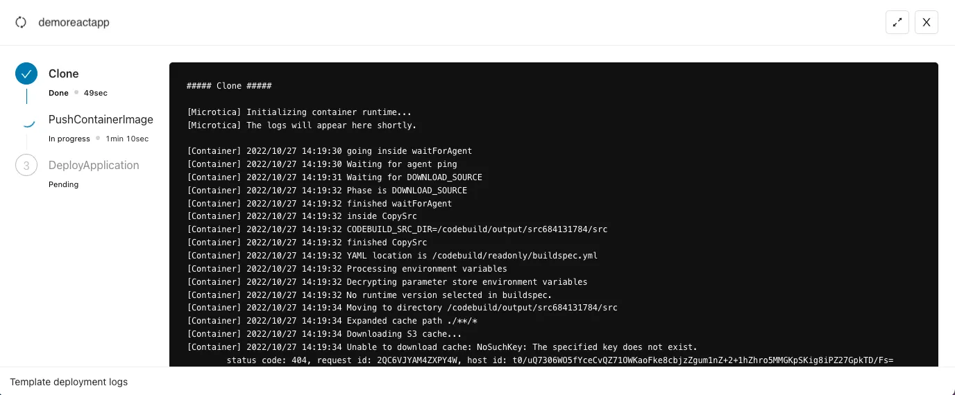 Deployment process logs in Microtica