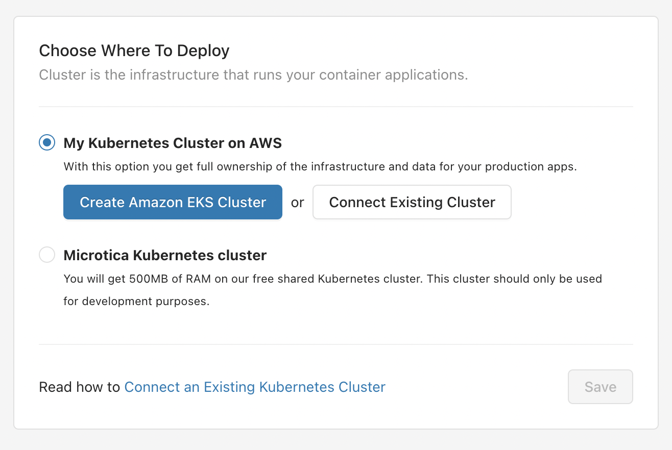 Choose where to deploy in Microtica