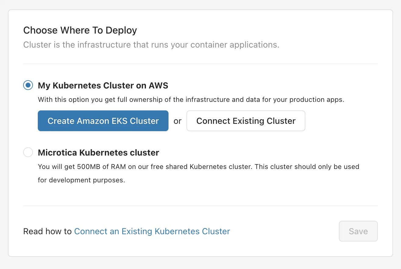 Choose where to deploy in Microtica