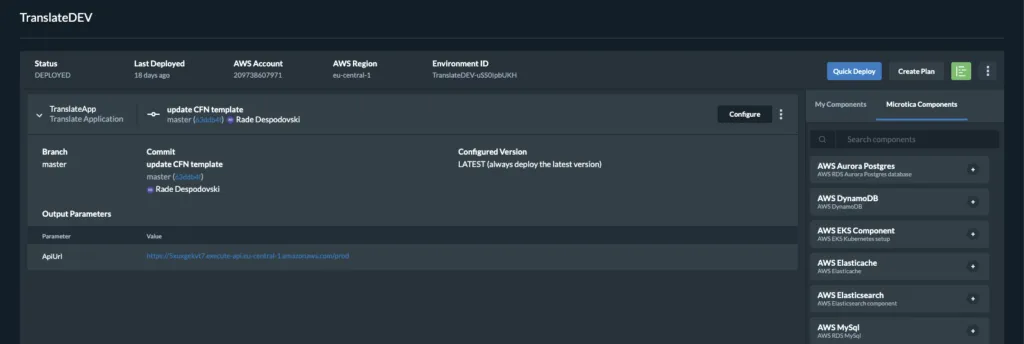 TranslateApp custom infrastructure component