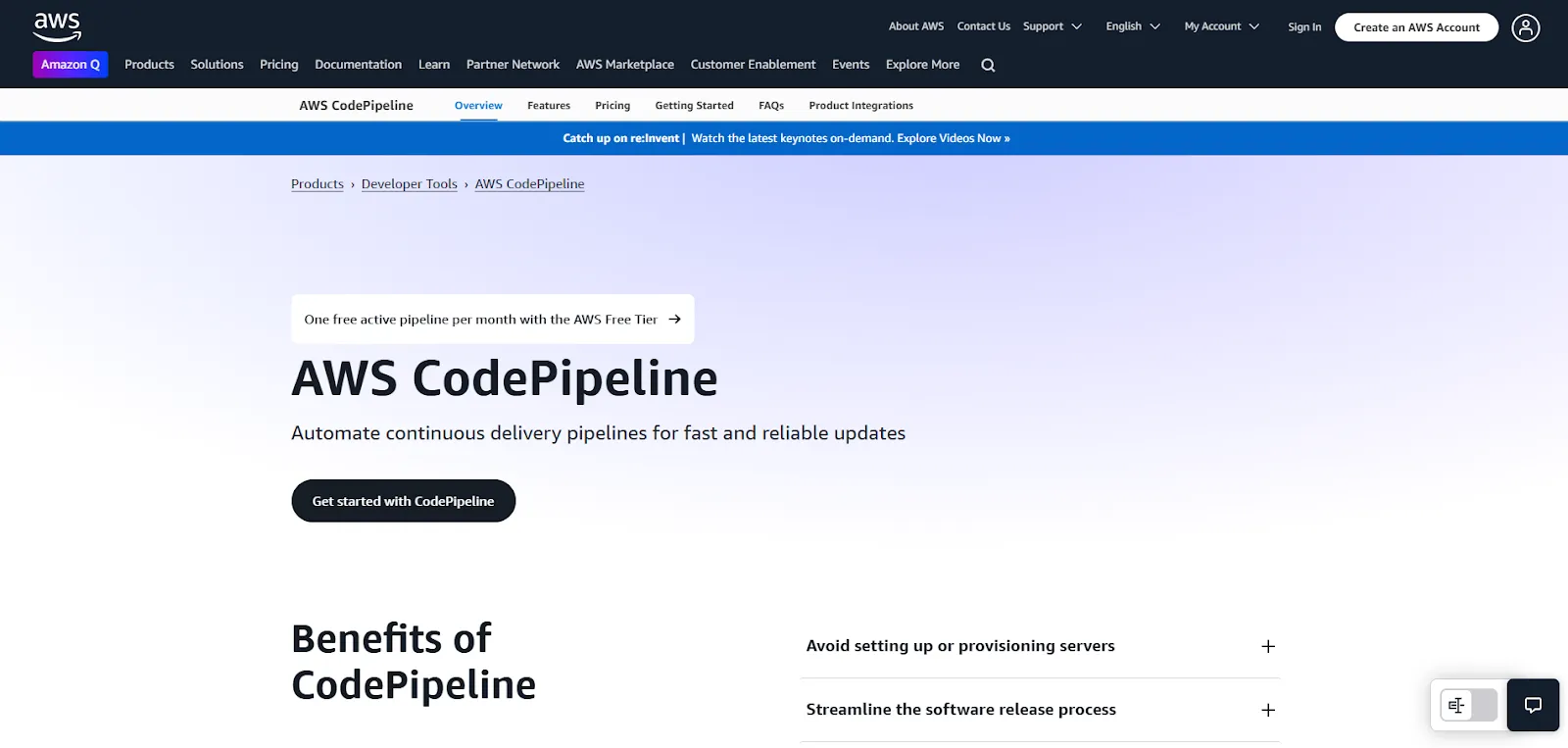AWS CodePipeline Homepage