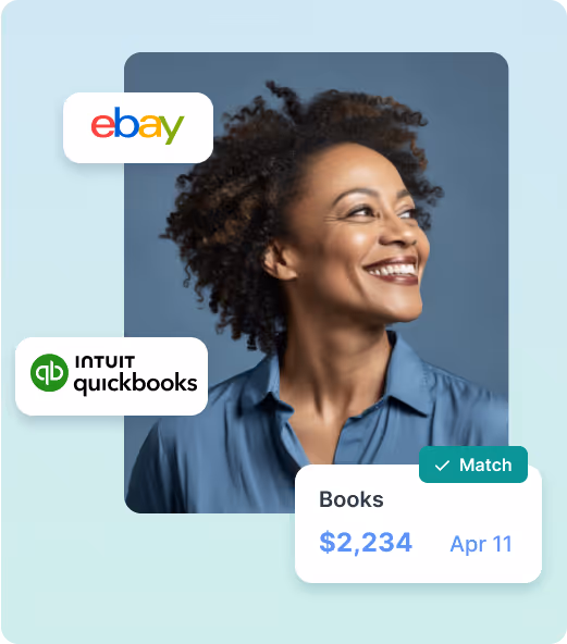 Smiling woman with curly hair, with eBay and QuickBooks logos and a financial summary showing $2,234 under Books dated Apr 11 with a Match checkmark.