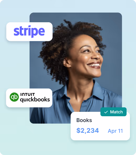 Smiling woman with curly hair and blue shirt, with floating logos of Stripe and Intuit QuickBooks, and a financial card showing Books $2,234 on Apr 11 with a Match checkmark.