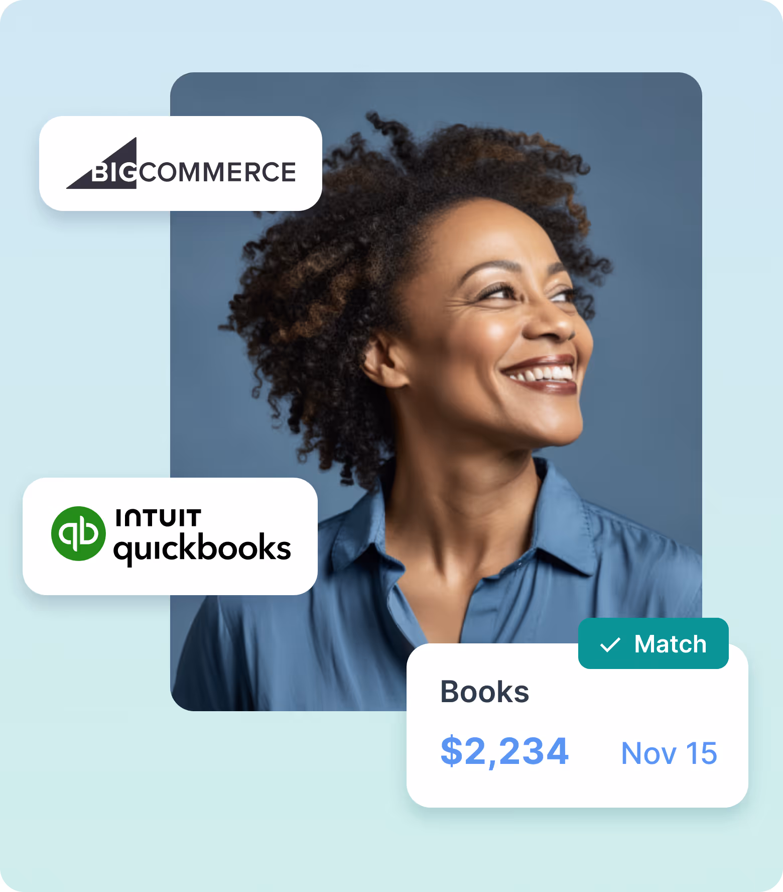Smiling woman in blue shirt with BigCommerce and Intuit QuickBooks logos and a data card showing a $2,234 book match dated Nov 15.