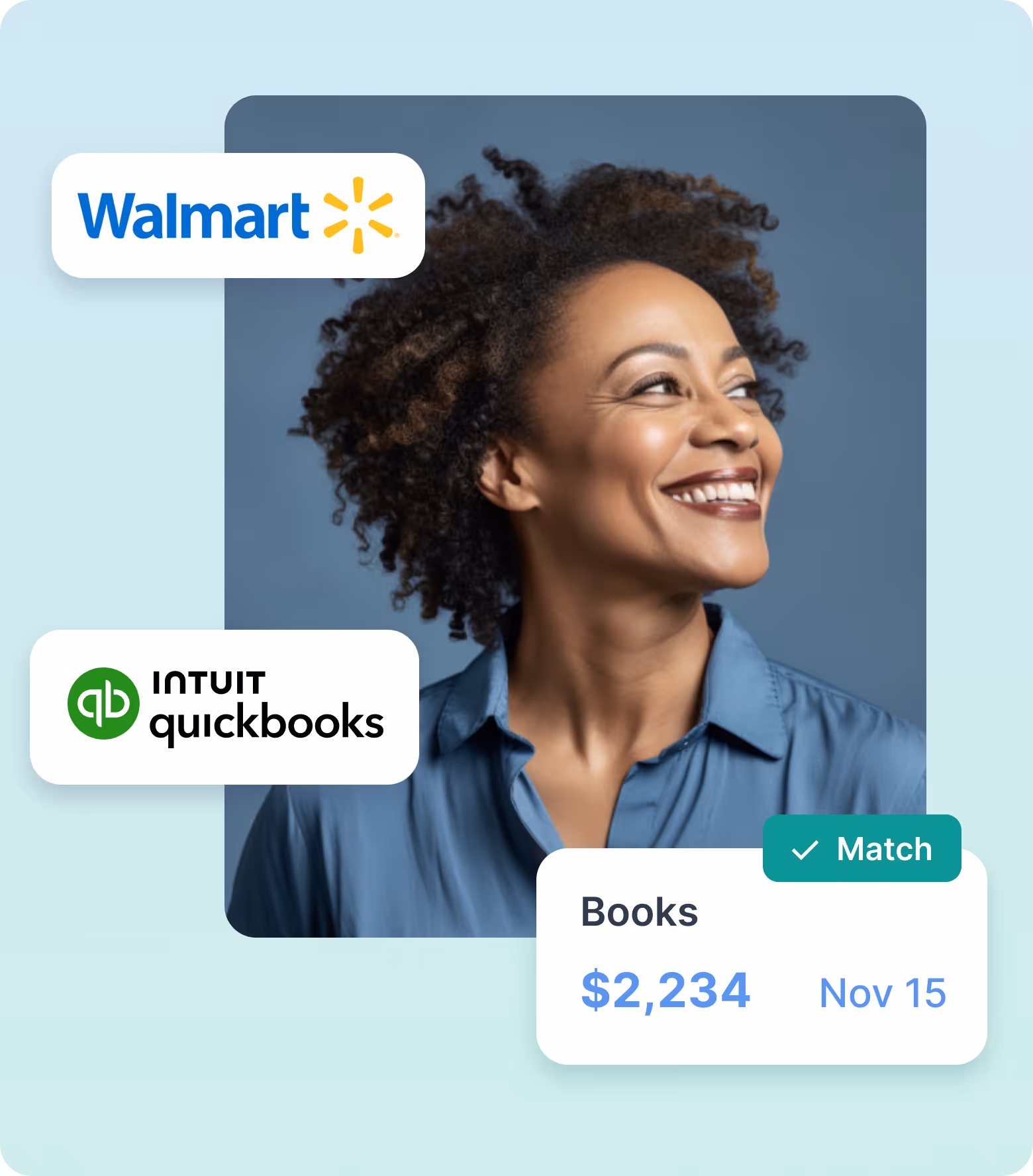 Smiling woman with curly hair in blue shirt, alongside Walmart and Intuit QuickBooks logos, and a financial match notification showing $2,234 dated Nov 15.