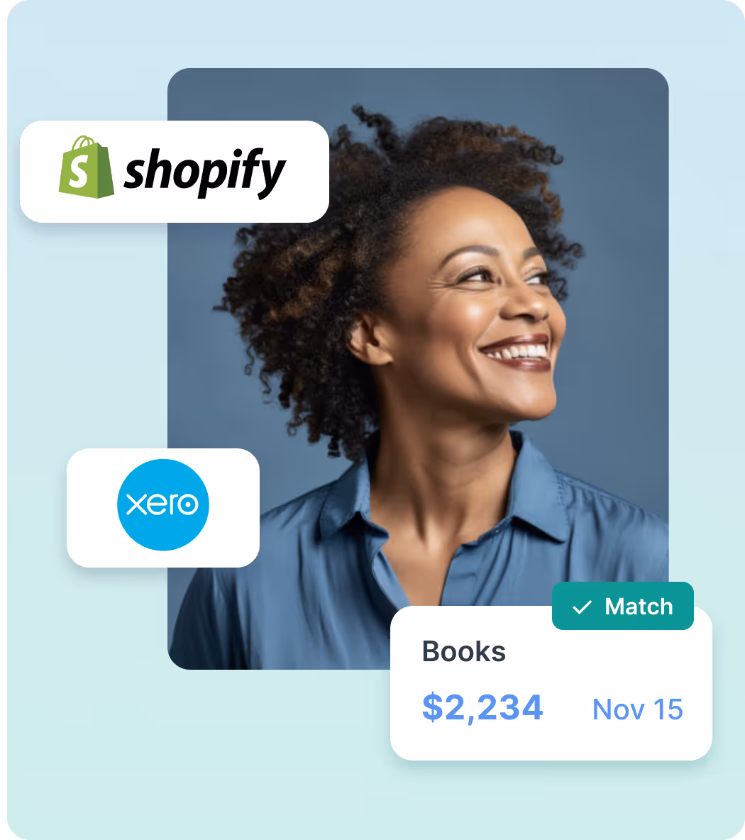 Smiling woman in a blue shirt surrounded by Shopify and Xero logos and a financial summary showing $2,234 for Books on Nov 15.
