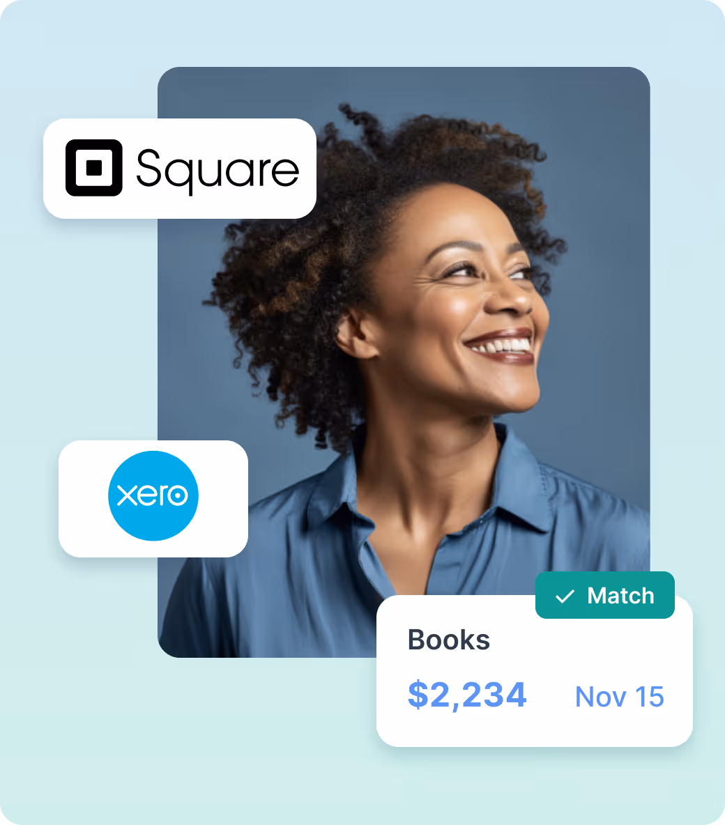 Smiling woman looking to the side with Square and Xero logos and a payment match notification showing $2,234 for Books dated Nov 15.