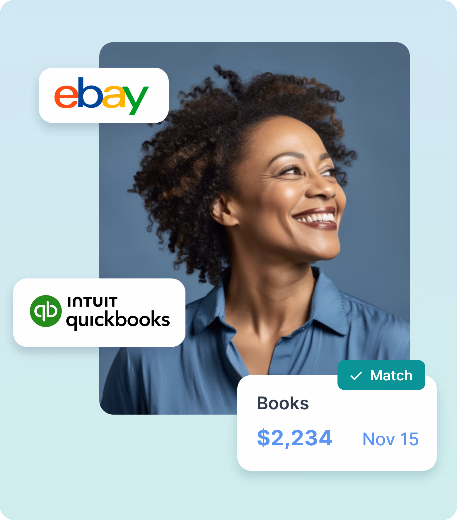 Smiling woman looking right with ebay and Intuit QuickBooks logos, and a match notification showing $2,234 dated Nov 15.