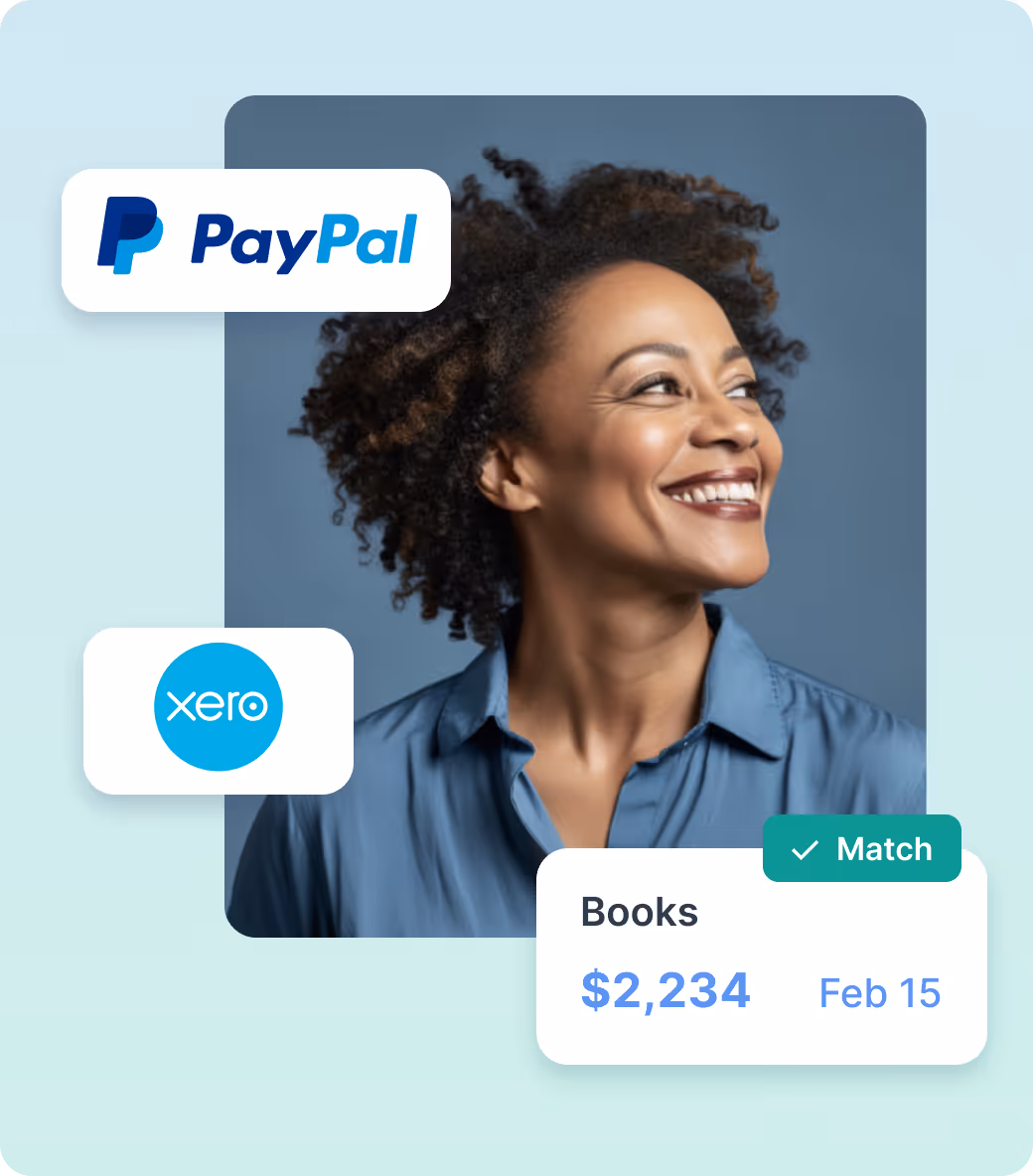 Smiling woman with curly hair wearing a blue shirt, alongside PayPal and Xero logos and a financial match notification showing $2,234 and Feb 15.
